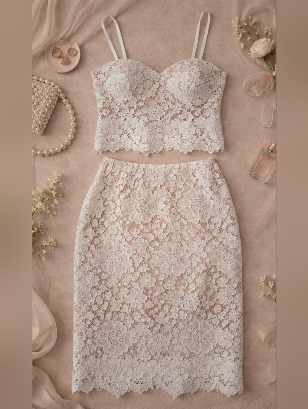 Sans Souci White Floral Lace Two Piece Set Small Nude Lined Midi Skirt Coquette